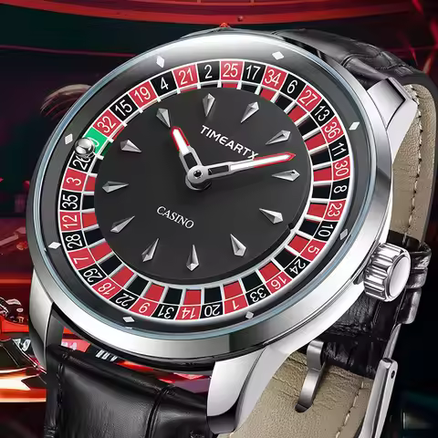TIMEARTX Men's Quartz Watch Rotating Casino Dial Waterproof Luminous Hands Cowhide Leather Strap Fas