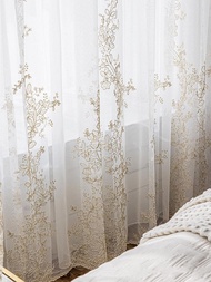1片白色花紋半透明薄紗窗簾,美麗的3d刺繡透明窗簾,由聚酯纖維材料製成,掛桿袋式,適用於客廳和臥室裝飾