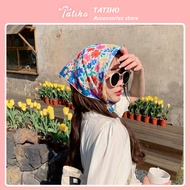 Khăn Lụa Vuông 60x60cm Khăn Bandana Quàng Đầu Chất Lụa Satin Hoạ Tiết Hoa Cúc Xanh Pastel Phong Cách