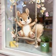 1/3pcs Fun & Cute Squirrel-On-A-Swing Window Cling - Reusable, Double-Sided Static PVC Glass Decal. 
