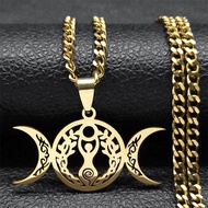 Witch Triple Moon Goddess Luna Necklace for Women Men Stainless Steel Silver Color Hecate Chain Jewe