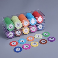 Set of 100 Casino plastic chips with box containing many denominations