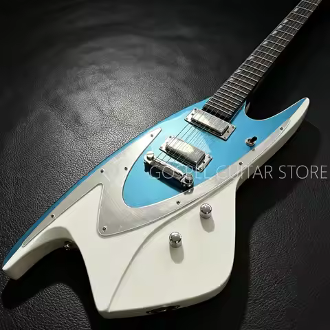 Electric Guitar - Contrasting Color of Metallic Blue and Ivory White for the Body, Silver Metal Guar