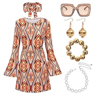 Halloween Hippie Disco Costume Gogo Dress Headscarf+Dress Two-Piece Set