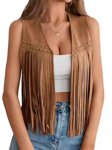 Women s Suede Tassel Vest 70s Hippie Outfit Sleeveless Open Front Vest Western Jacket