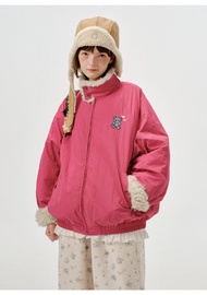 odd maker小熊繡花翻毛領羽絨服女百搭微皺肌理感設計保暖短外套