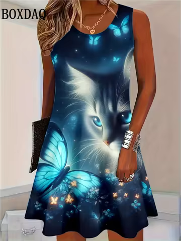 2026 Fashion Elegant Women Dresses Summer Sleeveless 3D Butterfly Cat Printed O-Neck Dress Casual Lo