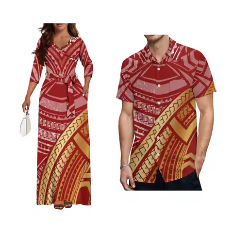 Customizable Polynesian Women Midi Dress Men Aloha Shirt Samoa Hawaii Print Beach Wedding Guest Outf