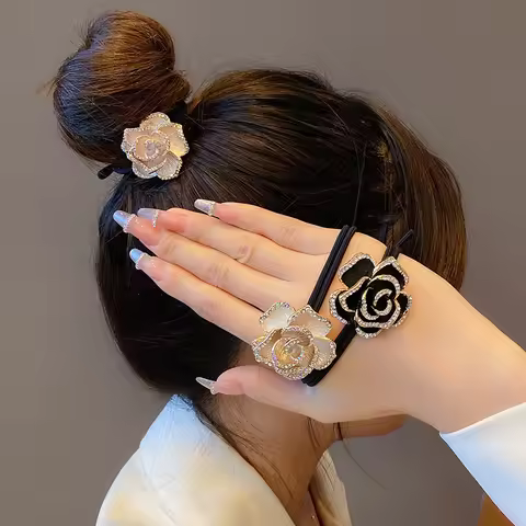 VANIKA New fashion luxury camellia rhinestone hair ring elegant Women rose Ponytail hair rope headdr