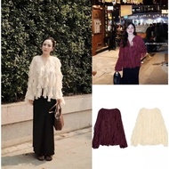 Beige and red ruffled chiffon shirt made A380