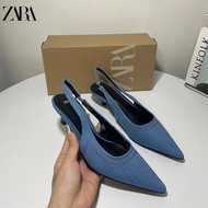 Zara Pointed Toe Low Heel Pumps Women's Shoes Fashion Denim Fabric Slingback Fashion Stiletto Sandals