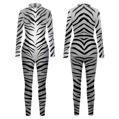 Zebra Pattern Jumpsuit Halloween Zebra Cosplay Costume Zebra Skinny Bodysuit Animal Cos Catsuit Adul