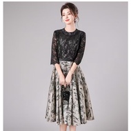 Black Banquet Evening Dressing Dress Fashionable Mid-Sleeved Lace Embroidered Slim A-Line Dresses fo