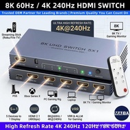 8K HDMI 2.1 Switch 5 In 1 Out | 4K 240Hz 120Hz High Refresh Rate HDMI Splitter 48Gbps with IR Remote
