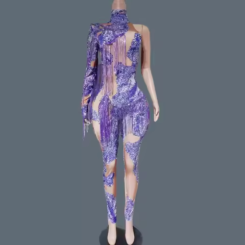 One Sleeves Rhinestone Sequins Tassel Tight Fitting Jumpsuit Drag Queen Performer Dance Wear Streame