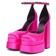 VIMISAOI Heels for Women Chunky Heels Square Toe Heels Ankle Strap Buckle Rhinestones Wedge Silk Sat