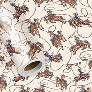 LeZakaa Western Wrapping Paper Roll, Cowboy Riding Horse & Lasso in Beige, Rustic Country Gift Wrap 