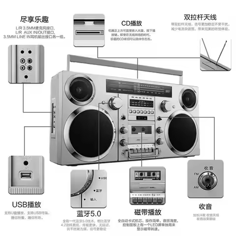 Retro Bluetooth Boombox with CD & Cassette - Portable 1980s Brooklyn Style Speaker, FM Radio & USB