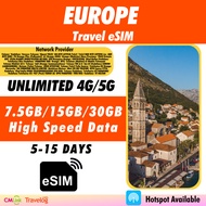 [Europe eSIM] [5-15 Days] High Speed Unlimited Data 4G Travel Prepaid eSIM Roaming Data