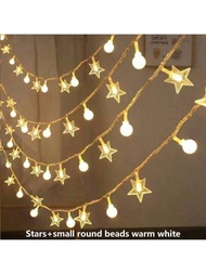 1入組星星+小珠子暖白+水晶球暖白led太陽能串燈,適用於節日、戶外露營、帳篷、婚禮裝飾,星球燈與彩色燈一起使用最佳
