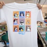 Bluey Fan Favorite T Shirt 9 Character Grid Design Cotton Crewneck Tee Baju Bluey Kids & 16+