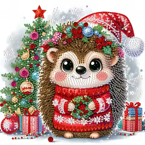 1 set of small hedgehog and Christmas tree themed diamond painting set, DIY 5D color irregular cryst