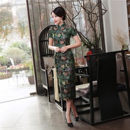 chinastyle Chinese Button Floral Cheongsam Long Qipao Chinese Dress Green
