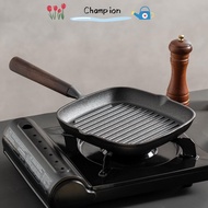CHAMPIONO Non Stick Frying Pan, Wooden Handle Cast Iron Steak Skillet‌, Durable Uncoated Spout Multi