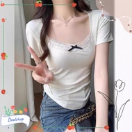 DEALSHOP Design Style Cropped Top, Lace Plain Lace Short Sleeve T-shirt,  Bow Korean Style Low Cut Cropped Top Women