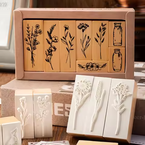 8pcs/box, plant vase pattern wooden seal for decoration like scrapbook and diary, a wonderful gift f