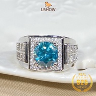 USHOW Men's Ring Zircon 925 Silver Luxury Opening Pt950 Blue Platinum Green 5A