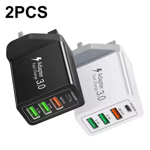 2Pack 40W PD+QC Wall Charger Block, Multi-Port USB C Quick Charge Adapter Phone Chargers UK Plug For