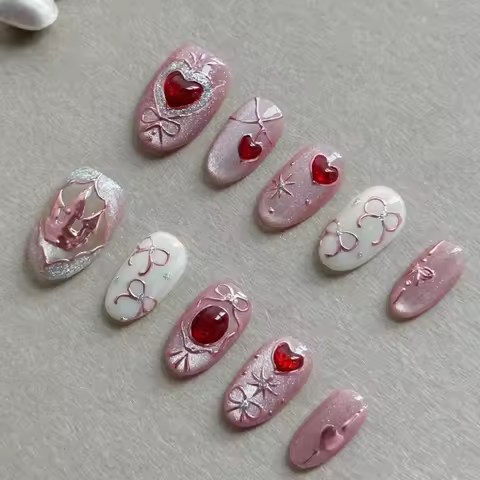 Ten Elegantly Hand-Pressed Oval False Nails, Featuring a Charming Pink-and-White 3D Heart Design, Pe