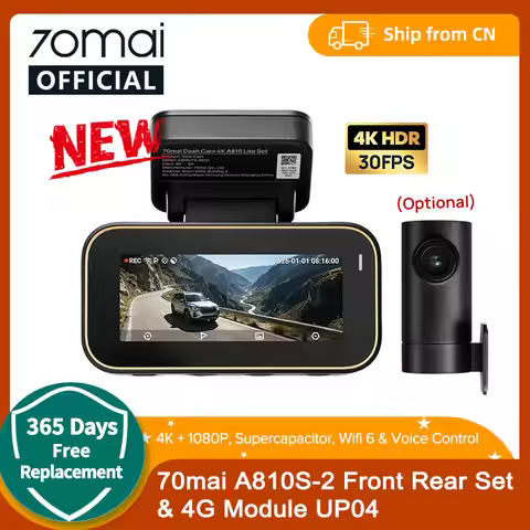 70mai Dash Cam A810 Lite 4K HDR + 1080P, Supercapacitor 4G LTE Remote Control Wi-Fi 6 GPS Voice Cont