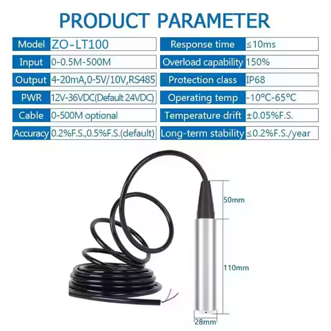 Water Level Transmitter 0-0.5M-500M Liquid Water Level Sensor 4-20mA 0-5V 10V RS485 Output Pool Tank