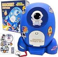 Trez Treamer Kids Piggy Bank for Boys,Blue Rocket with Astronaut Sticker,Money Safe for Kids Cash Sa
