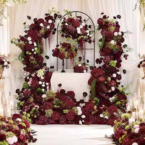 Green Burgundy Wedding Arch Flowers Centerpiece Ball Artificial Rose Anthurium Arrangement for Backd