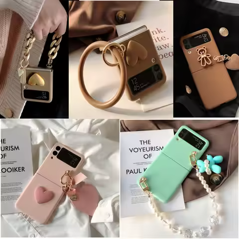 Fashion Cute Cartoon Heart Pearl Bracelet PC Phone Case For Samsung Galaxy Z Flip6 Case Z Flip5 Case