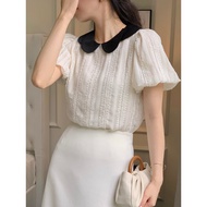 cute top baju perempuan style Baju renda lengan pendek aprikot kolar boneka Perancis