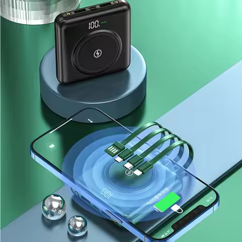 20000mAh Mini Power Bank Qi Wireless Charger Built in Cable Portable Powerbank for IPhone Magsafe Fa
