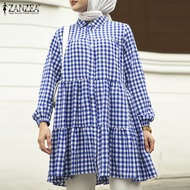 ZANZEA เสื้อเบลาส์มุสลิมผู้หญิง,เสื้อเบลายาแขนพัฟคอเสื้อเชิ้ตลาร์ลายสก๊อต