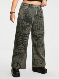 ROMWE Grunge Punk 女裝大碼復古水洗牛仔褲,帶骷髏標語和蝴蝶刺繡