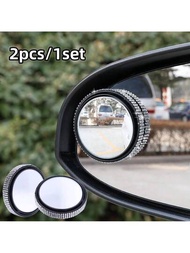 2入組白色汽車後視鏡反向鑲嵌鑽石小圓鏡，輔助360度盲點超高清反光鏡