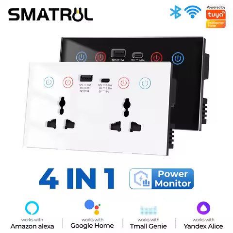 SMATRUL Tuya wifi plug USB And Type-C Port 3A socket US EU UK Plug Power Monitor 10A WiFi Wall Socke
