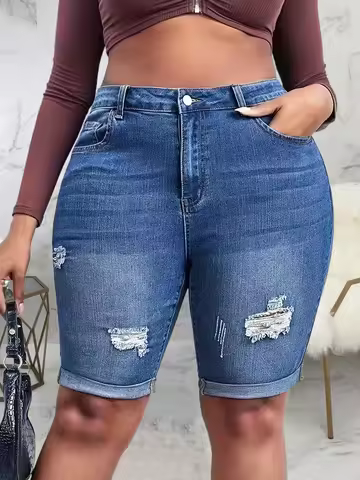 Women Ripped Skinny Denim Short High Waisted Folded Cuffed Hem Jeans Shorts Summer Stretchy Slim Jea