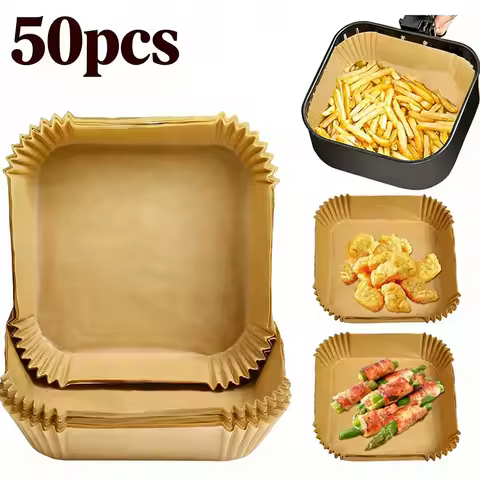 50pcs Disposable Air Fryer Parchment Liners, 9 Inch (5-8QT), Oil-Absorbing for Fries/Chicken