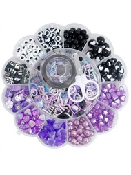 13格盒子混合多種黑紫色丙烯酸珠子,用於製作手鍊、項鍊、戒指等飾品,可用小剪刀和線進行 Diy 各種小禮物