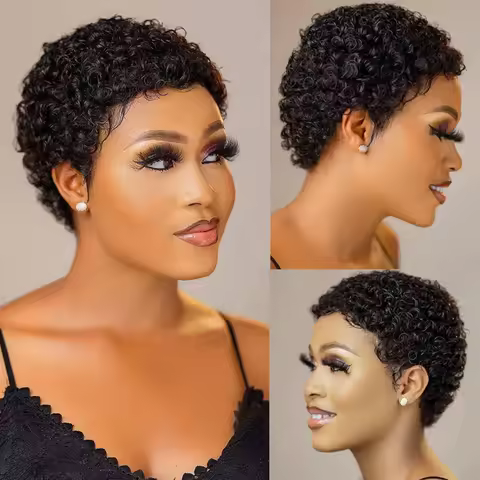 Short Kinky Curly Wigs Human Hair Pixie Cut Brazilian Human Hair For Women Natural Black Curly Human