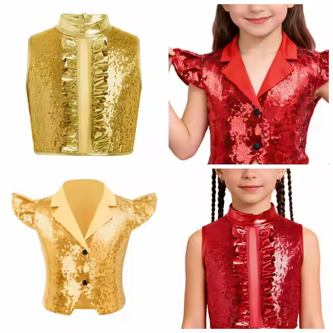 Kids Girls 70s Disco Outfit Jazz Dance Outfit Stage Performance Costume Childs Sequin Vests Hip Hop 