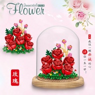 Bouquet Flower Building Blocks With Clear Cloche PVC Dome Valentines Birthday Gifts Rose Room Decorate Creative DIY Toys